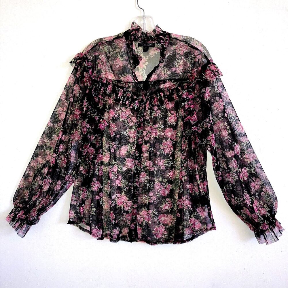 ROUGE COLLECTION sz 1X Mesh Floral Roses Blouse Ruched Relaxed Fit Long Sleeve